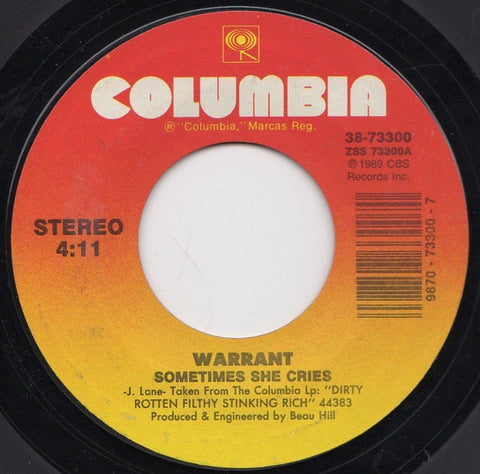 Warrant ‎– Sometimes She Cries / 32 Pennies - VG+ 45rpm 1989 USA - Rock / Hard Rock