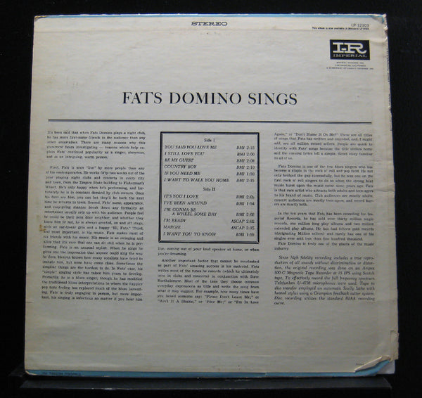 Fats Domino - Sings Million Record Hits LP VG+ LP-12103 Stereo USA Vinyl Record - Shuga Records