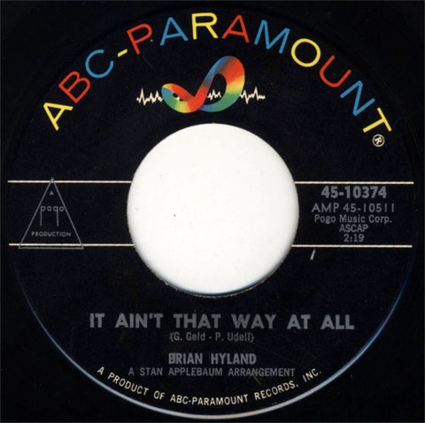 Brian Hyland - It Ain't That Way At All / I May Not Live - VG+ 7" Single 45RPM 1962 ABC-Paramount USA - Pop