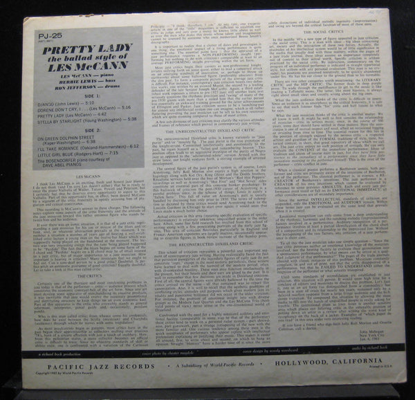 Les McCann Ltd. - Pretty Lady - VG LP Record 1961 Pacific Jazz USA Stereo Original Vinyl - Jazz / Cool Jazz / Bop - Shuga Records