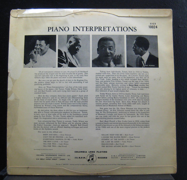 Oscar Peterson, Art Tatum, Teddy Wilson, Bud Powell - Piano Interpretations - VG+ (VG-9 cover) LP Record 1956 Columbia Clef Series UK Mono Original Vinyl & David Stone Martin Cover Art - Jazz / Bop / Swing - Shuga Records