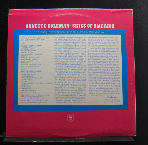 Ornette Coleman, David Measham - Skies Of America LP Mint- 31562 Vinyl Record - Shuga Records