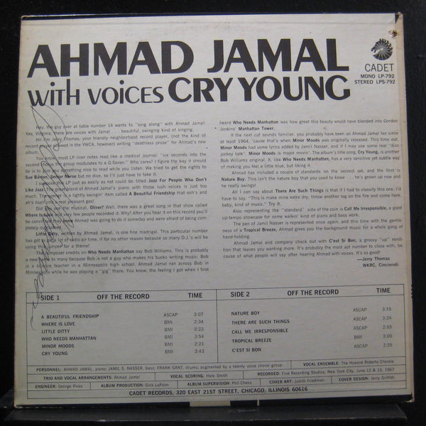 Ahmad Jamal - Cry Young - VG+ LP Record 1967 Cadet USA Mono Promo Label Vinyl - Jazz / Bop - Shuga Records