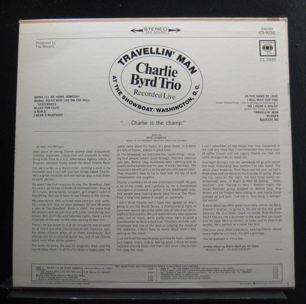 Charlie Byrd Trio – Travellin' Man - Mint- LP Record 1965 Columbia USA vinyl - Jazz / Bossa Nova / Samba - Shuga Records