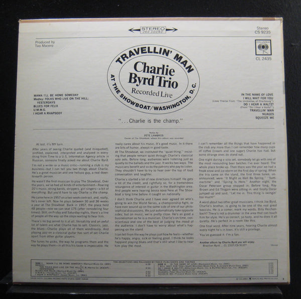 Charlie Byrd Trio – Travellin' Man - Mint- LP Record 1965 Columbia USA vinyl - Jazz / Bossa Nova / Samba