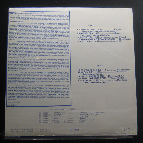 Wooten Choral Ensemble - Because He Lives - New LP Record 1978 Private Self Released USA Vinyl - Chicago Soul / Gospel - Shuga Records