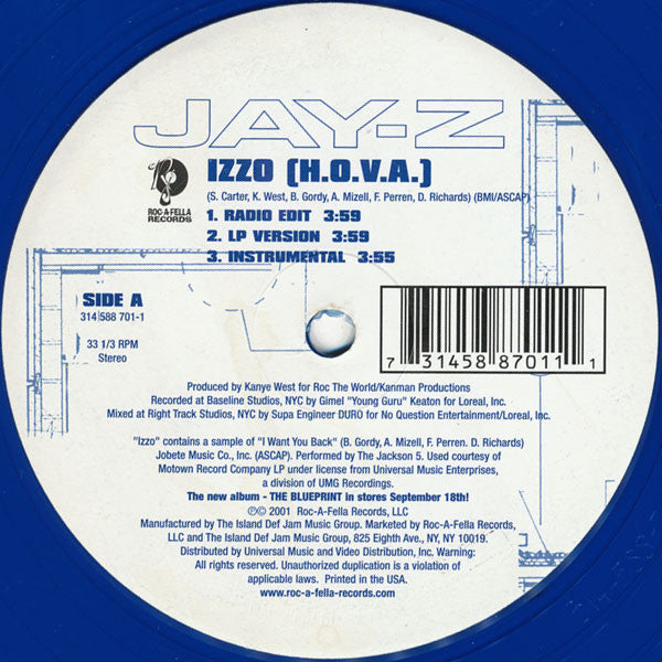 Jay-Z ‎– Izzo (H.O.V.A) / You Don't Know - VG+ 12" Single USA 2001 (BLUE Vinyl / Kanye West Produced) - Hip Hop