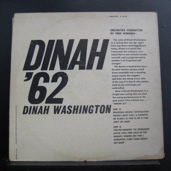 Dinah Washinton - Dinah '62 LP VG+ R-25170 Mono 1962 Roulette USA Vinyl Record - Shuga Records