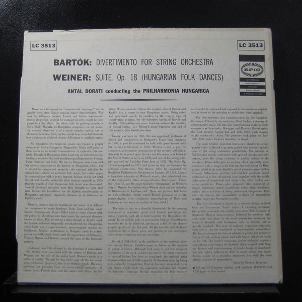 Dorati, Bartok Divertimento For String Orchestra, Weiner Suite LP VG+ LC 3513 - Shuga Records