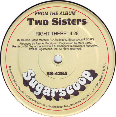 Two Sisters - Right There VG+ - 12" Single 1983 Sugarscoop USA - Electro