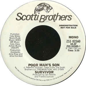 Survivor - Poor Man's Son - M- 7" Single 45RPM Promo 1981 Scotti Bros. Records USA - Pop / Rock - Shuga Records