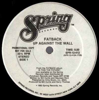 Fatback ‎- Up Against The Wall - VG+ 12" Single Promo 1983 Funk / Soul - Shuga Records