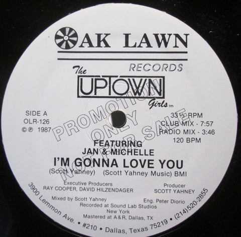 The Uptown Girls Featuring Jan & Michelle ‎– I'm Gonna Love You - VG+ 12” Single Record 1987 USA Promo Original Vinyl - Freestyle / Electro / Synth-Pop
