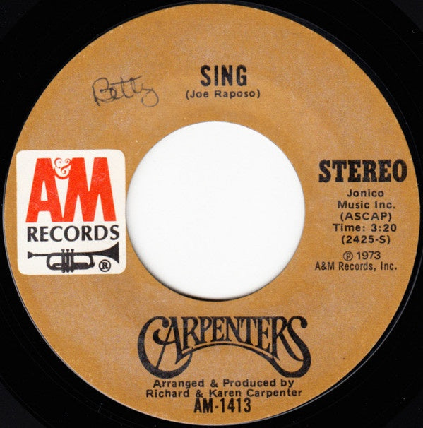 Carpenters ‎- Sing / Druscilla Penny - VG+ 7" Single 45 RPM 1973 USA - Rock - Shuga Records