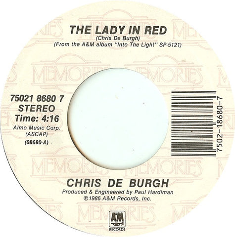 Chris De Burgh ‎– The Lady In Red / Fatal Hesitation (Remix) - VG+ 7" Single 45 Record USA - Soft Rock