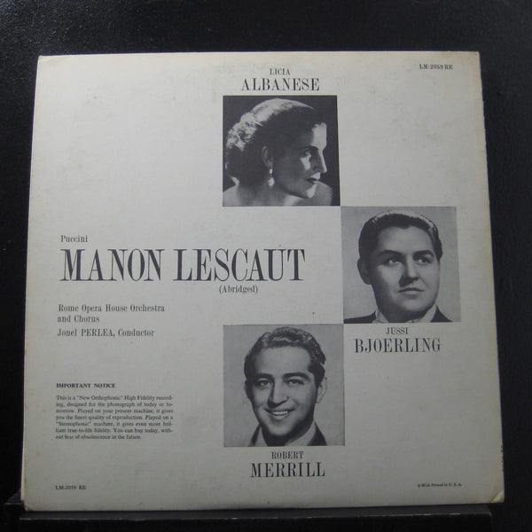 Albanese, Bjorling, Merrill - Puccini - Manon Lescaut LP VG+ LM 2059 Mono RCA - Shuga Records