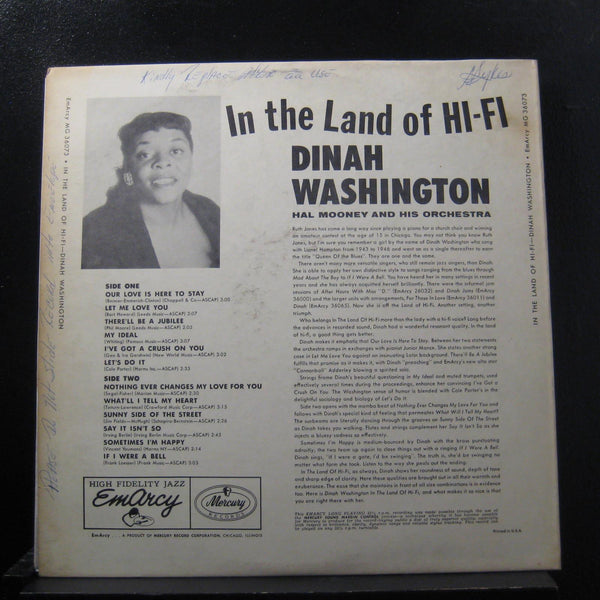 Dinah Washington - In The Land Of Hi-Fi LP VG+ MG-36073 Mono 1st Vinyl Record - Shuga Records