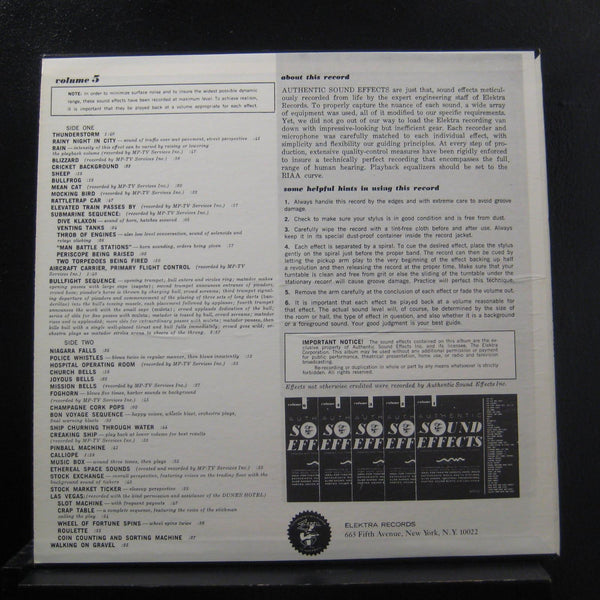 Jac Holzman - Authentic Sound Effects Volume 5 - VG+ LP Record 1966 Elektra USA Original Vinyl - Special Effects / Field Recording - Shuga Records