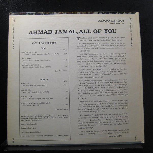 Ahmad Jamal - All Of You LP VG+ LP-691 Mono 1962 USA Argo Vinyl Record - Shuga Records