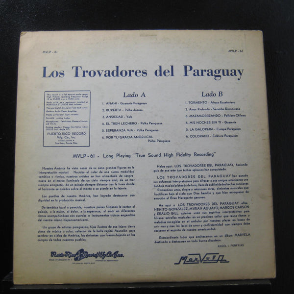 Los Trovadores Del Paraguay - Los Trovadores Del Paraguay - VG LP Record 1960s Marvela Puerto Rico Vinyl - Latin - Shuga Records