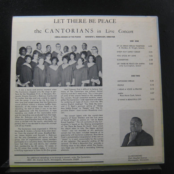The Cantorians: Piano Verna Kroon Director Kenneth L. Robinson - Let There Be Peace - VG+ LP Record 1968 UA Private Press Vinyl - Gospel - Shuga Records