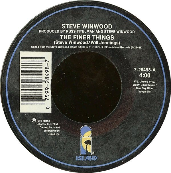 Steve Winwood - The Finer Things / Night Train - VG+ 7" Single 45RPM 1986 Island Records USA - Synth-Pop - Shuga Records