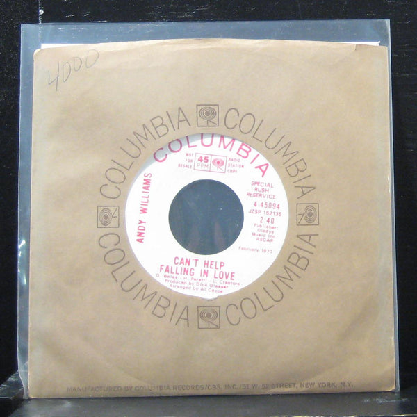 Andy Williams - Can't Help Falling In Love 7" VG+ 4-45094 Vinyl 45 Promo - Shuga Records