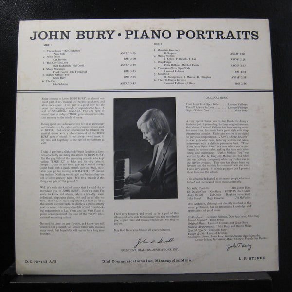John Bury - Piano Portraits LP VG+ DC 72-143 Vinyl Record Private Jazz - Shuga Records