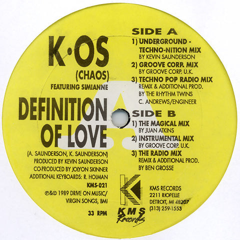 K.OS (Chaos)(Kevin Saunderson) Featuring Simianne ‎– Definition Of Love - VG+ 12" Single USA  1989 - Detroit House