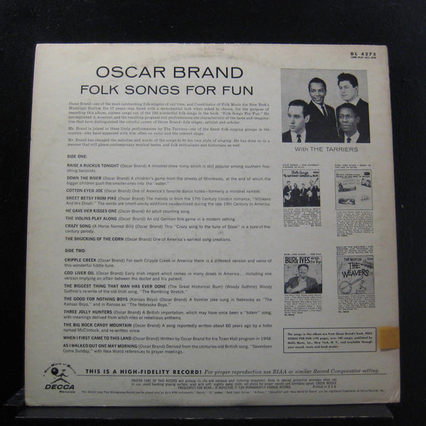 Oscar Brand With The Tarriers - Folk Songs For Fun LP Mint- DL 4275 Mono Promo - Shuga Records