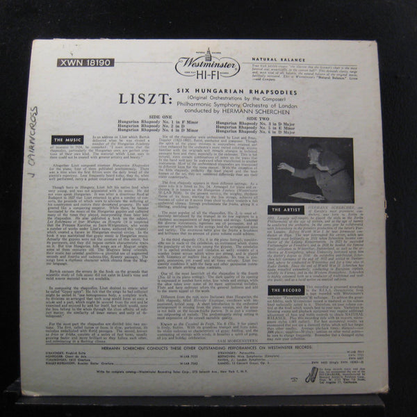 Liszt, Scherchen - Six Hungarian Rhapsodies LP VG+ XWN 18190 Mono Vinyl Record - Shuga Records
