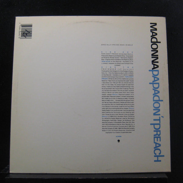 Madonna - Papa Don't Preach 12" 45 RPM Mint- 0-20492 Sire 1986 Vinyl Record - Shuga Records
