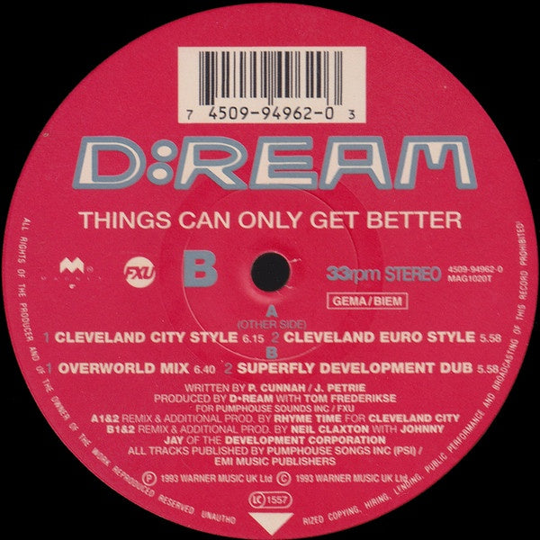 D:Ream ‎– Things Can Only Get Better - VG+ Single Record - 1993 Germany Magnet Vinyl - House