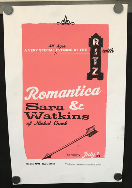 Romantica & Sara Watkins 13" x 20" VG Screen Concert Poster - Shuga Records
