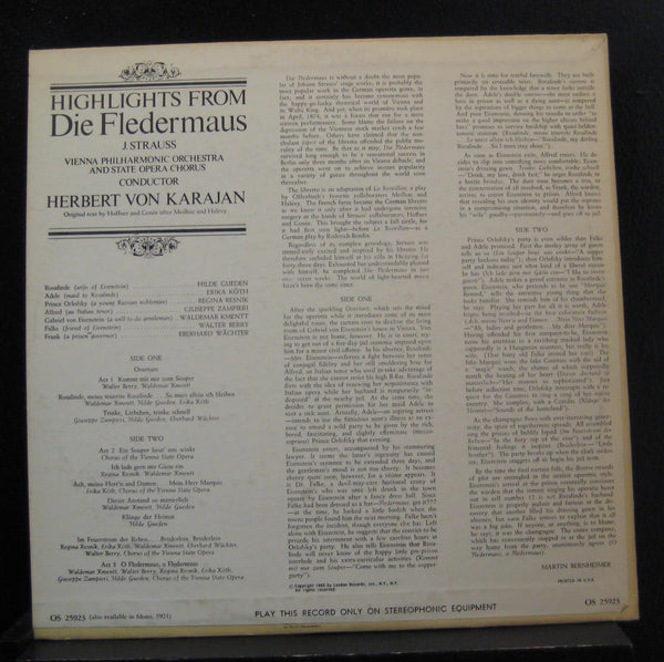 Strauss, Gden, Kth, Kmentt, Karajan - Die Fledermaus LP Mint- OS.25923 UK Ffrr - Shuga Records