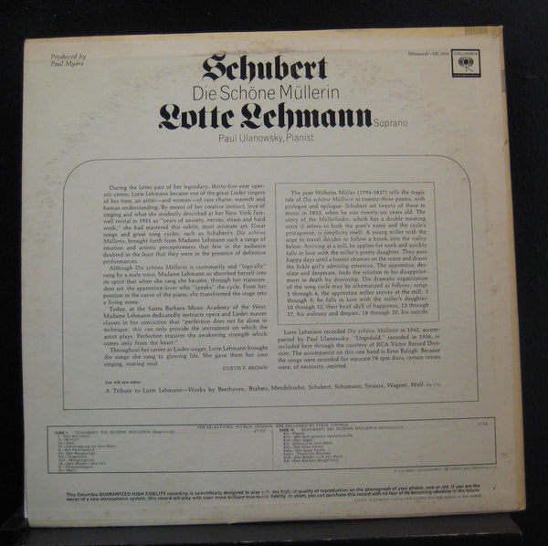 Schubert, Lehmann, Ulanowsky - Die Shone Mullerin LP VG+ ML 5996 Grey 2i Mono - Shuga Records