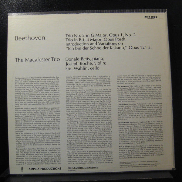 Beethoven / The Macalester Trio - Three Trios LP Mint- ZMT 1000 Vinyl Record - Shuga Records
