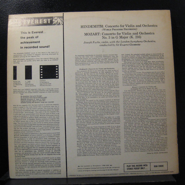 Hindemith / Mozart, Fuchs, Goossens - Concerto No. 3 LP VG+ SDBR 3040 Everest - Shuga Records