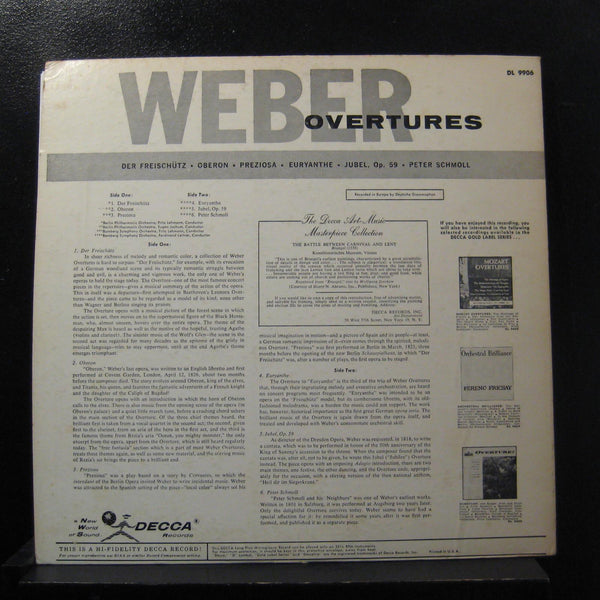 Berlin Philharmonic Orchestra - Weber Overtures LP VG+ DL 9906 Pink Promo - Shuga Records