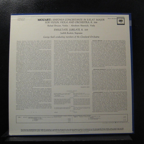 Skernick, Raskin, Szell - Mozart Sinfonia / Exsultate, Jubilate LP Mint- ML 6025 - Shuga Records
