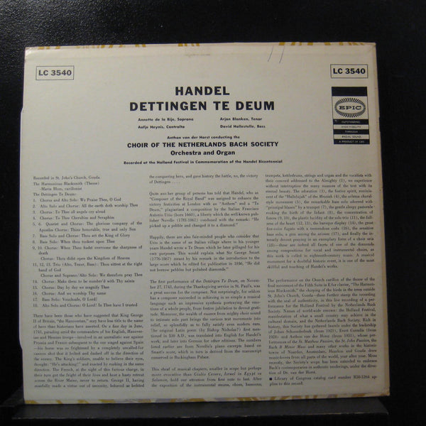 Anthon Van Der Horst - Handel: Dettingen Te Deum LP VG+ LC 3540 Epic White Promo - Shuga Records