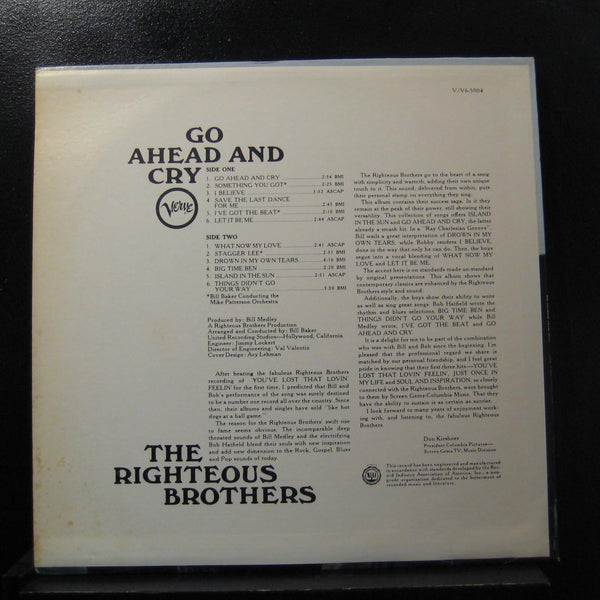 The Righteous Brothers - Go Ahead And Cry LP VG+ V-5004 Mono Vinyl Record - Shuga Records