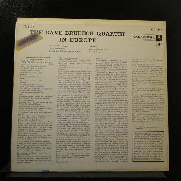 The Dave Brubeck Quartet - In Europe LP VG+ CL 1168 Red 6i Mono Vinyl Record - Shuga Records