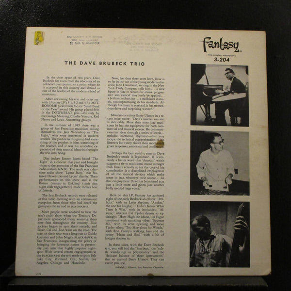 Dave Bruck Trio - Dave Brubeck Trio LP VG 3-204 Mono Black Vinyl Record - Shuga Records