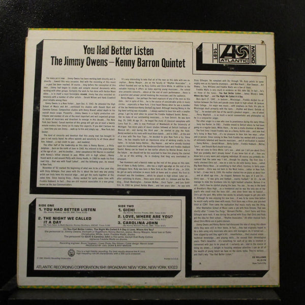 Jimmy Owens Kenny Barron Quintet - You Had Better Listen LP VG+ 1491 Red/Purple - Shuga Records