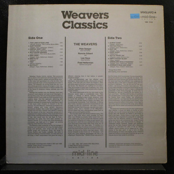 Weavers - Weavers Classics LP VG+ VMS 73122 USA 1987 Vinyl Record - Shuga Records