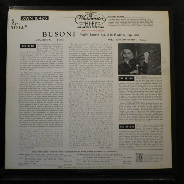 Max Rostal, Noel Mewton-Wood - Busoni Sonata No. 2 In Em LP VG+ XWN 18426 1st - Shuga Records
