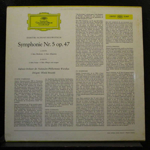 Dimitri Schostakowitsch - Witold Rowicki Symphonie Nr. 5 LP VG+ 138 031 Germany - Shuga Records