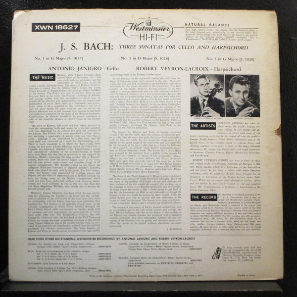 Bach, Janigro, Veyron-Lacroix - 3 Sonatas Cello & Harpsichord LP VG XWN 18627 - Shuga Records
