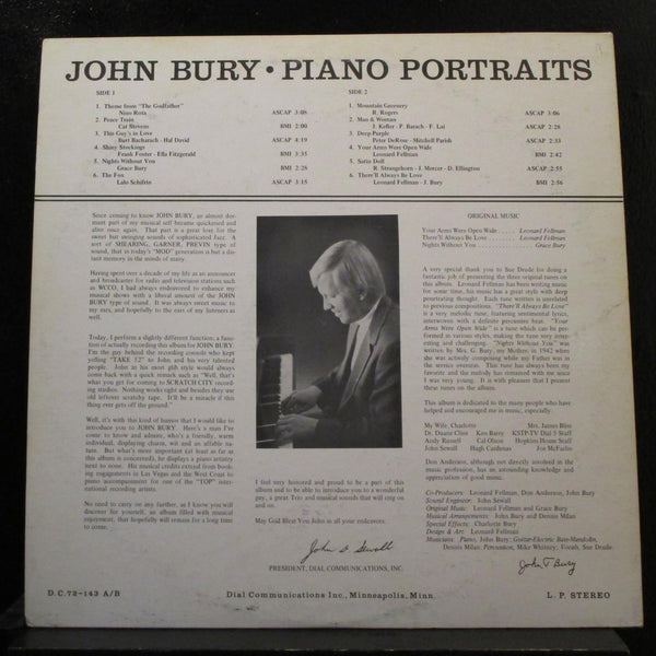 John Bury - Piano Portraits LP VG+ DC 72-143 Signed / Autographed Vinyl Record - Shuga Records